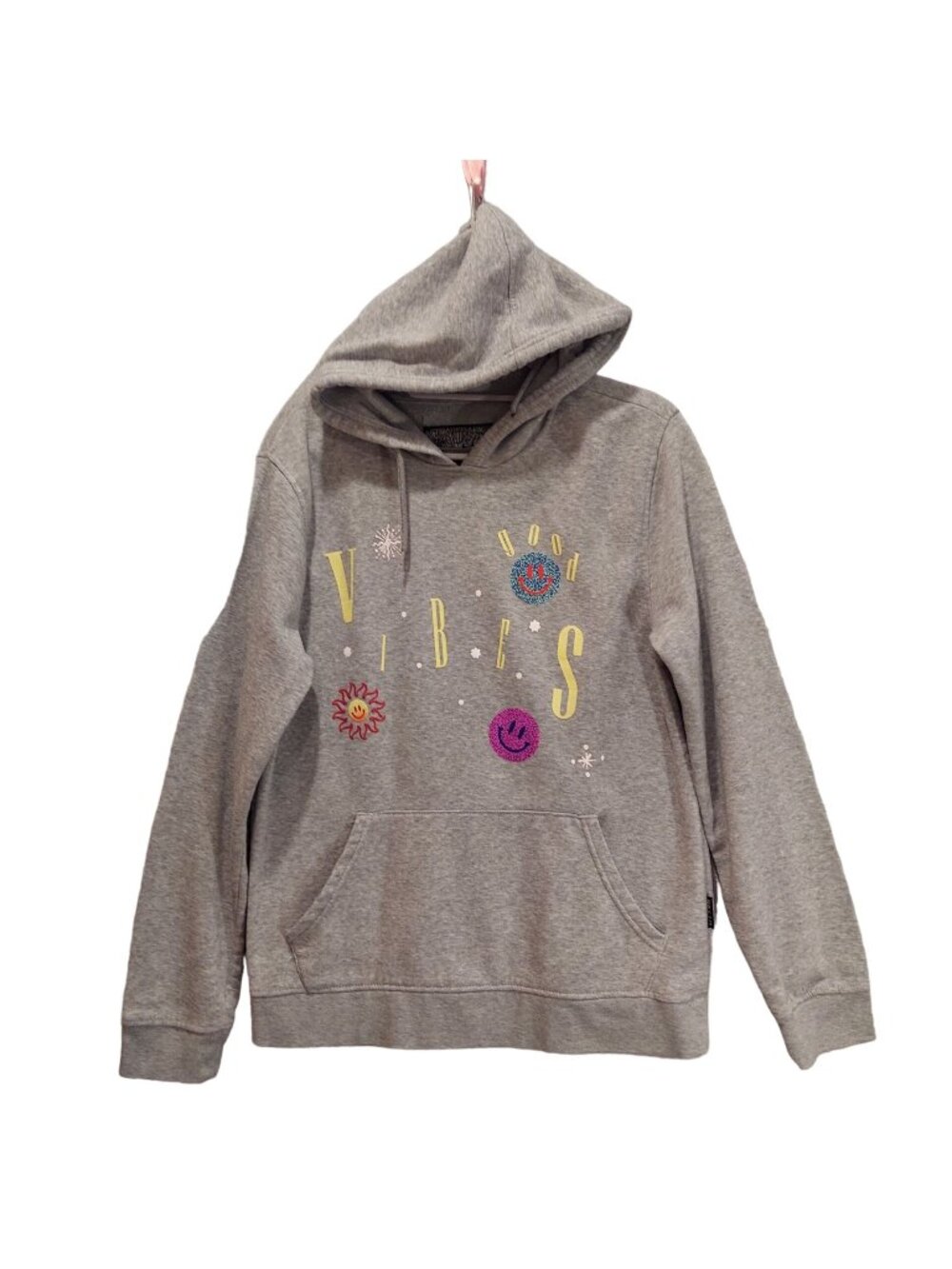 Hoodie womens M good vibrations colorful retro upbeat happy face sun boho hippie